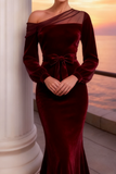 Burgundy Long Mermaid Velvet Holiday Party Dress with Sleeves