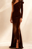 Burgundy Mermaid Velvet Maxi Holiday Party Dress with Bow