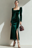 Emerald Green Sheath Ruched Velvet Maxi Holiday Party Dress with Sleeves
