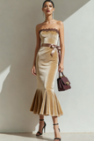 Khaki Mermaid Strapless Maxi Holiday Party Dress with Lace