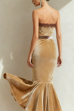 Khaki Mermaid Strapless Maxi Holiday Party Dress with Lace