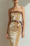 Khaki Mermaid Strapless Maxi Holiday Party Dress with Lace