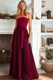 Burgundy A Line Strapless Pleated Maxi Evening Dress