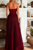 Burgundy A Line Strapless Pleated Maxi Evening Dress
