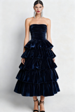 Navy Tiered Strapless Ruched Velvet Long Holiday Party Dress