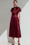 Burgundy Satin Bow A Line Long Formal Dress with Slit