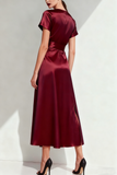 Burgundy Satin Bow A Line Long Formal Dress with Slit