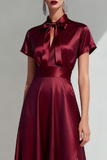 Burgundy Satin Bow A Line Long Formal Dress with Slit