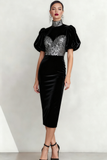 Sparkly Black Velvet High Neck Midi Holiday Party Dress with Sequin