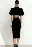 Sparkly Black Velvet High Neck Midi Holiday Party Dress with Sequin