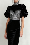 Sparkly Black Velvet High Neck Midi Holiday Party Dress with Sequin