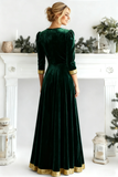 Emerald Green A Line Velvet Long Holiday Party Dress with Sleeves