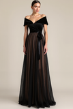 Black A-Line Off the Shoulder Long Formal Dress with Sash