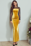 Yellow Mermaid Illusion Neck Velvet Long Formal Dress