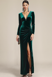 Emerald Green Sheath V-Neck Long Formal Dress with Sleeves