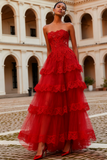 Red Tiered A-Line Long Lace Strapless Prom Dress with Ruffles