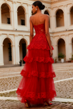 Red Tiered A-Line Long Lace Strapless Prom Dress with Ruffles