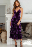 Dark Purple A-Line Tiered Maxi Holiday Party Dress with Ruffles