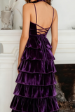 Dark Purple A-Line Tiered Maxi Holiday Party Dress with Ruffles