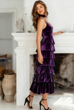 Dark Purple A-Line Tiered Maxi Holiday Party Dress with Ruffles