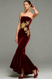 Burgundy Mermaid Long Velvet Holiday Party Dress with Embroidery