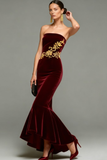 Burgundy Mermaid Long Velvet Holiday Party Dress with Embroidery