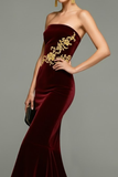 Burgundy Mermaid Long Velvet Holiday Party Dress with Embroidery