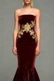 Burgundy Mermaid Long Velvet Holiday Party Dress with Embroidery