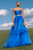 Sparkly Royal Blue Tiered Long A-Line Sweetheart Prom Dress with Beading