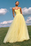 Princess Light Yellow Sweetheart Tulle Long Prom Dress
