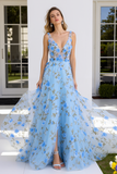 Light Blue Floral V-Neck A-Line Long Prom Dress with Slit