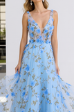 Light Blue Floral V-Neck A-Line Long Prom Dress with Slit