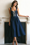 Navy Thick Straps A-Line Midi Formal Dress with Bows