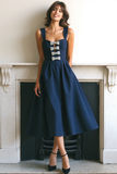 Navy Thick Straps A-Line Midi Formal Dress with Bows