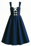 Navy Thick Straps A-Line Midi Formal Dress with Bows