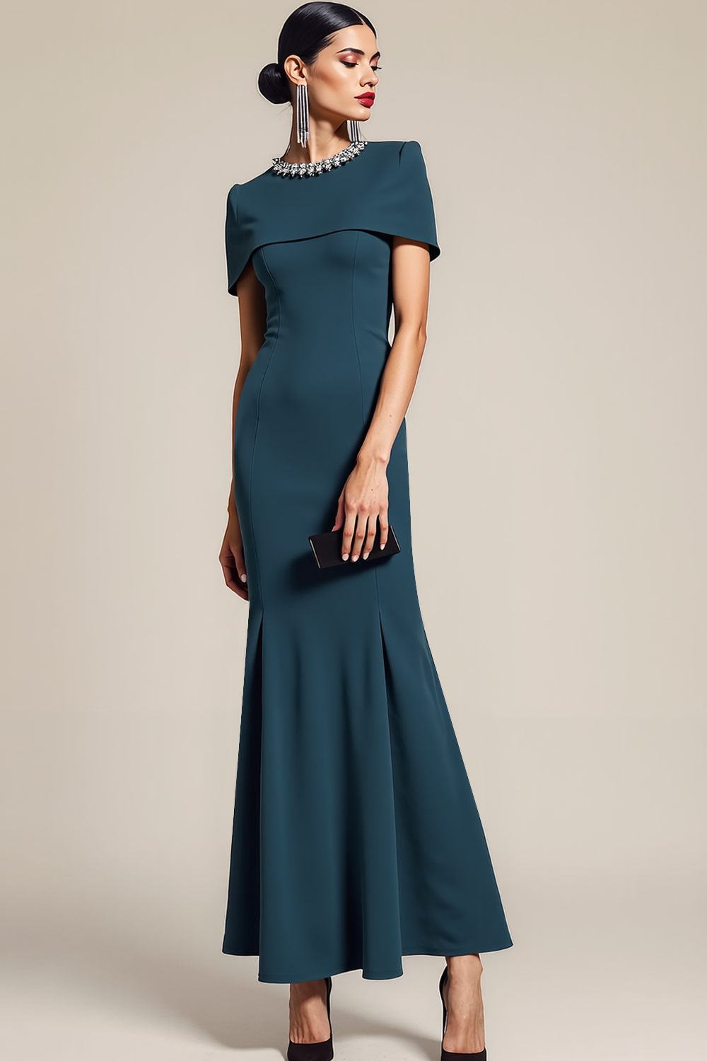 Leely Women Sparkly Peacock Blue Mermaid Formal Dress with Cape Jewel