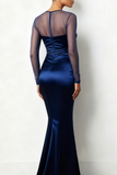 Navy Mermaid Illusion Neck Long Formal Dress with Sleeves