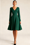 Emerald Green V-Neck A-Line Midi Semi-Formal Dress