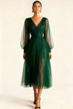 Emerald Green A Line V-Neck Midi Evening Dress with Sleeves