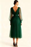 Emerald Green A Line V-Neck Midi Evening Dress with Sleeves