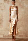 Champagne Mermaid Halter Neck Ruffled Midi Bridesmaid Dress with Slit