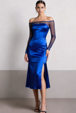 Royal Blue Satin Off the Shoulder Midi Formal Dress with Slit