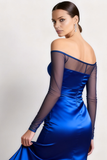 Royal Blue Satin Off the Shoulder Midi Formal Dress with Slit
