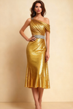Sparkly Golden Sequin Mermaid Midi Cocktail Dress with Ruffles