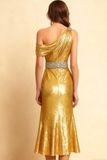 Sparkly Golden Sequin Mermaid Midi Cocktail Dress with Ruffles
