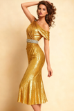 Sparkly Golden Sequin Mermaid Midi Cocktail Dress with Ruffles