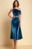 Blue Velevt Mermaid Midi Holiday Party Dress