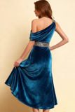 Blue Velevt Mermaid Midi Holiday Party Dress