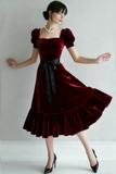 Burgundy A Line Midi Velvet Holiday Party Dress with Sleeves