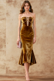Dark Yellow Velvet Strapless Mermaid Midi Holiday Party Dress